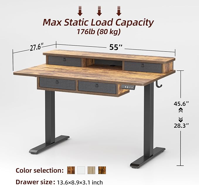 TIQLAB 55 * 28 Inch Standing Desk with Four Drawers, Electric Sit Stand Table, Stand Up Desk Adjustable Height with Storage Shelf, Splice Board, Rustic Brown