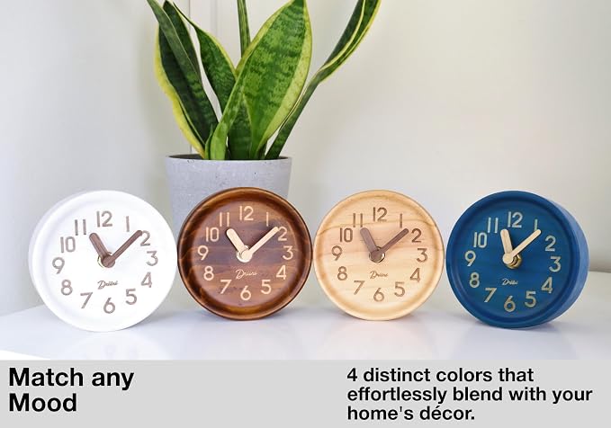 Driini Wooden Analog Desktop Clock – 4.3 in. Decorative Pinewood, No-Tick Design – Easy to Read Silent Sweep Mantle Clock – Quiet Tabletop Clocks with Wood Body, Hands, & Battery Cover; Blue