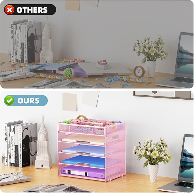 Marbrasse 5 Tier Paper Organizer, Mesh Desk Letter Tray with Handle,Pink | Paper Sorter Desk Organizer for Letter/A4 Office File Folder Holder Home Office Supplies