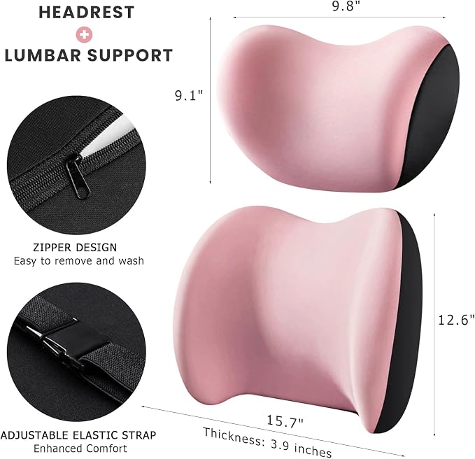 2 PCS Car Headrest & Lumbar Support Cushion, Ergonomic Memory Foam Lumbar Pillow Neck Rest Cushion, Breathable Back Pillow & Headrest Support for Driving Seat, Car Accessories (Pink)