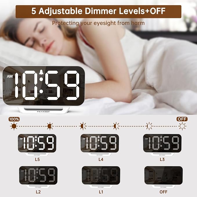 Peakeep Slim Digital Mirror Aesthetic Alarm Clock for Bedrooms Desk Decor | Plug in Electric Big LED Modern Small Clock for Office Living Room, Battery Backup, 6 Dimmers (White)