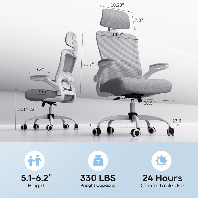 Ergonomic Office Chair for Long Hours, Adjustable Padded Lumbar Support for Lower Back Relief, 330 lb Capacity, Comfortable Computer Desk Chair for Home Office, Work & Study