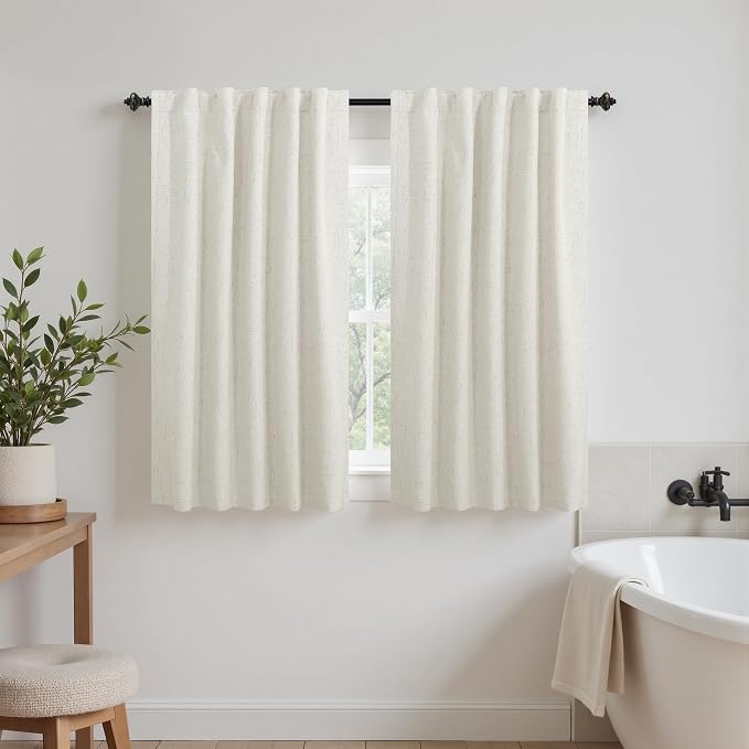 KOUFALL Short Linen Blackout Curtains 42 Inch for Small Windows, Boho RV Curtains for Camper Windows, Thermal Curtains for Kitchen Bedroom, Wide 42x42 Inches Long, Cream Beige