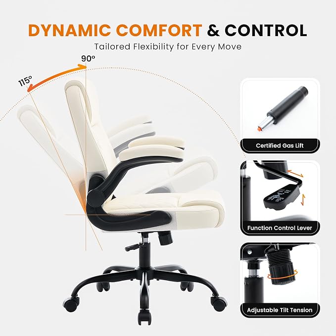 Leather Office Chair, 300lbs Heavy Duty Mid-Back Desk Chairs with Flip-up Armrests, Space-Saving Swivel Task Chair with Wheels, Adjustable Height and Ergonomic Back Support, Beige