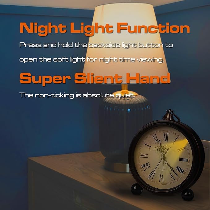 Vintage Analog Alarm Clock Classic2046, 5.25inch | Small Silent Desk Clock, Night Light, Battery Operated, For Table, Bedroom, Bedside, Living Room