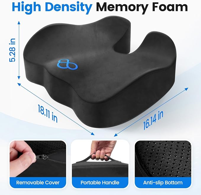 Seat Cushion, Non-Slip Memory Foam Chair Cushion for Taibone, Grey/X-Large | Chair Pillow with Handles for Car Office Chair, Tailbone/Sciatica Easing& Post-Surgery Recovery Chair Cushion
