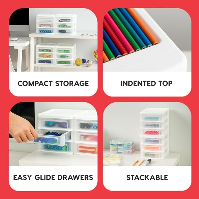 IRIS USA 2-Pack, 3-Drawer Small Plastic Stacking Desktop Organizer, White | Organize office supplies, stationery, makeup, craft materials and everyday essentials for neat desktop storage
