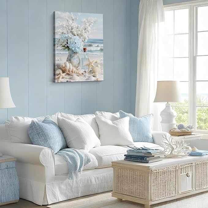 Coastal Beach Floral Wall Art Decor Nautical Seashell Flower Vase Painting Picture Artwork Blue Ocean Wall Decor for Home Beach Room Bedroom 8x10 Canvas Framed