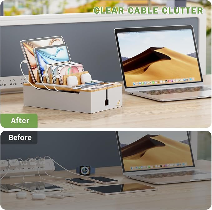 Pezin & Hulin Charging Station, Natural+White (No USB Charger and Cables) | Electronic Devices Organizer for Multiple Devices Charger Such As Cell Phone, Tablet, Watch and More - Bamboo