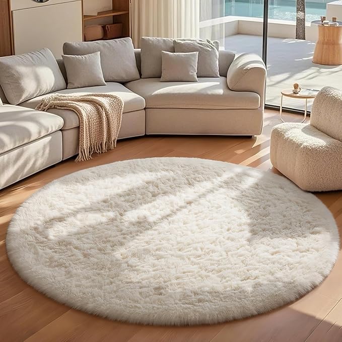 Ophanie Round Rugs 7Ft Ivory Circle Area Rug Washable, Living Room Aesthetic Decor, Fluffy Fuzzy Bedroom Carpet, Plush Soft Shaggy Cream Rugs for Kids Home Decor, Nursery with Over 99 pcs Pile fibers