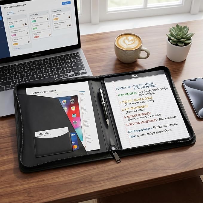 OOWOLF Padfolio Portfolio Folder, PU Leather Professional with 8.5 x 11 Letter Size Writing Pad Interview Resume Document Organizer Business Card Holder Zippered Closure