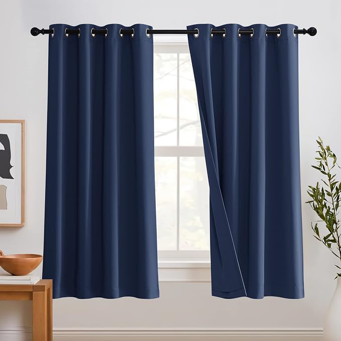 RYB HOME Noise Reduce Blackout Energy Efficiency 3-in-1 Set Solid Window Curtains for Bedroom Living Room Wall Panels Patio Door, 52 inch Wide x 63 inch Long, Navy Blue, 2 Pcs
