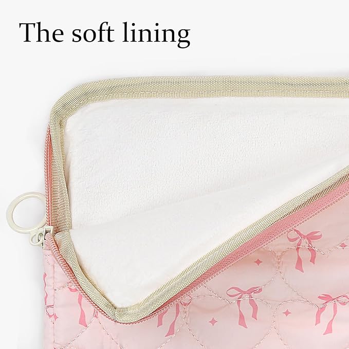 Cute Bow Puffy Laptop Sleeve 13-15 Inch Cute Quilted Laptop Protective Case Padded Bow Computer Sleeve for MacBook