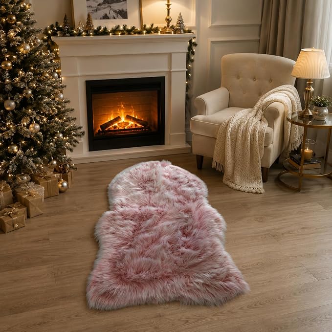 EasyJoy Faux Sheepskin Rug, Fluffy Faux Fur Rug, Ultra Soft Shag Area Rug with Non-Slip Backing for Bedroom, Living Room, Nursery, Kids Room(2 x 3 ft Sheepskin, Frosted Bottom Pink)