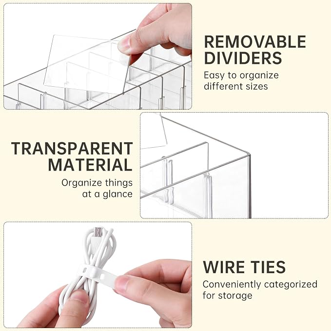 FRETONBA 2 Pcs Clear Cable Charger Organizer Box, Large | Adjustable Compartments, Stackable to Save Space, 14 Wire Ties, Easy Access, Fits Drawer, Desk & Office