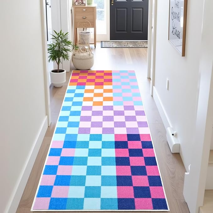 Terrug Multicolored Checkered Area Rug for Kitchen,2x6 Runner Rugs Washable with Non Slip for Bedroom,Soft Low Pile Stain Resistance Retro Carpet for Entryway Hallway