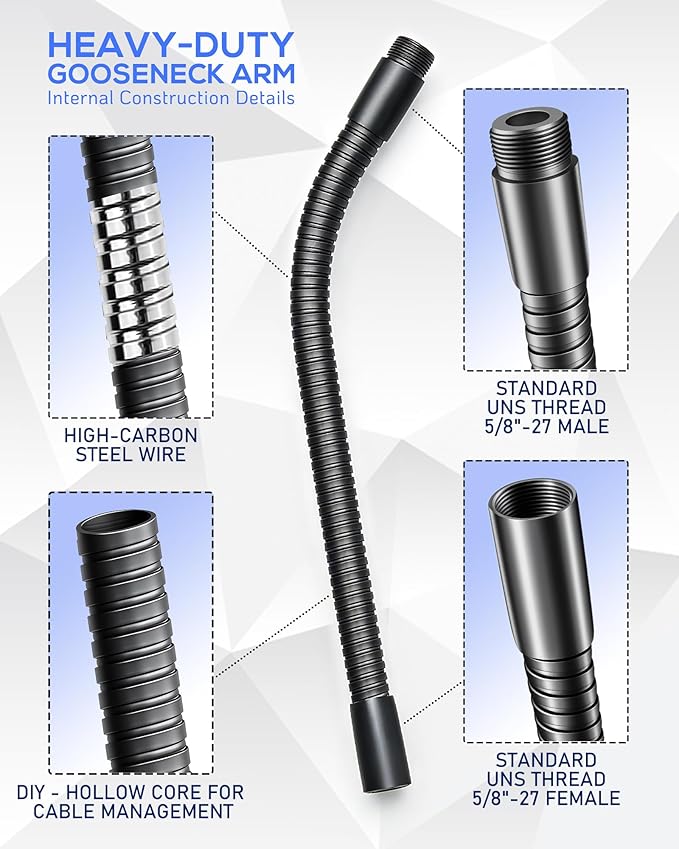 19-INCH Heavy-Duty Microphone Flexible Gooseneck Hose Arm - Mic Stand Mount Extension Tubes with Universal 5/8-27" Thread