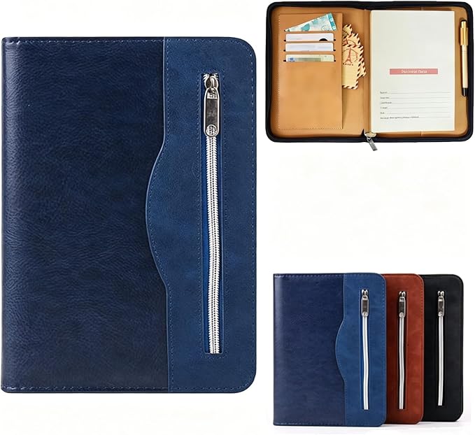 Marte Vanci A5 Padfolio with PU Leather Business Portfolio Zippered Conference Folder Organizer 6 Ring Lined Notebook Binder Loose Leaf Refillable Travel Journal Gift for Men (Blue)