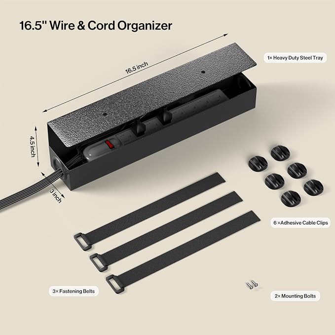 POCHAR Under Desk Cable Management Tray, 16.5" Extended Wire Organizer | Slim 3" Profile Steel Power Strip Holder, Screw-Mount Cord Hider for Wide Standing Desk Home Office