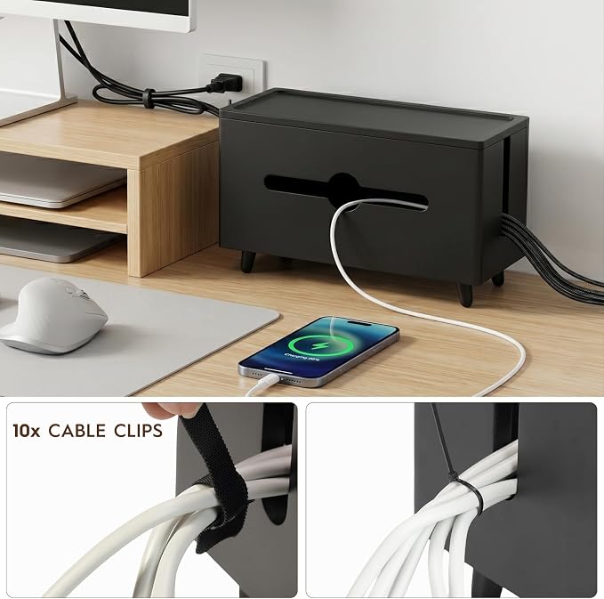 Extra Large Cable Management Box，Wood Cable Organizer Box,Power Strip Box & Organizer for Power Strip, TV Wires & Desk Cable Storage,Hide Desk Cord and Floor Cables (Black) (Black)