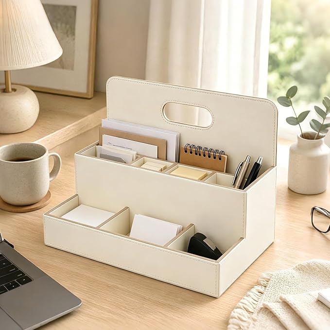 Mail Organizer Countertop, Office Desk Accessories Bill Sorter File Holder | PU Leather Aesthetic 8-Slot Art Supplies Storage Box for Stationery,TV Remote Control,Letter,Notebook,A4 paper,Home Decor