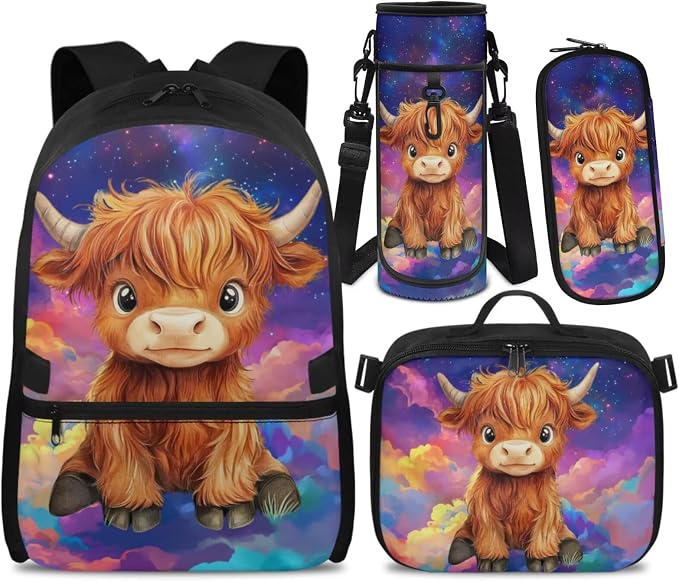 Doojoayie Highland Cow Backpack for Girls with Lunch Box Trendy Kids School Bag for Summer Elementary School Backpack for Boys 8-12 Lightweight Bookbag with Insulated Lunch Box