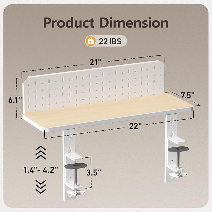 Clamp on Desk Extender Shelf, 22" Desk Riser with Pegboard | Heavy-Duty Side/Top Desk Organizer Shelf for Office Accessories, Monitor and Laptop Riser, Light Wood