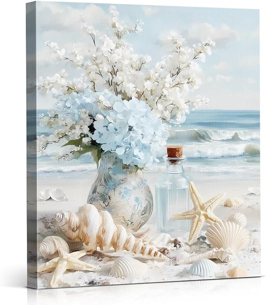 Coastal Beach Floral Wall Art Decor Nautical Seashell Flower Vase Painting Picture Artwork Blue Ocean Wall Decor for Home Beach Room Bedroom 8x10 Canvas Framed