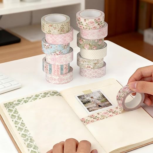 12 Rolls Watercolor Floral Washi Tape Set 15 mm Vintage Flower Decorative Masking Tape for Summer School Arts DIY Craft Scrapbook Journal Supplies Gifts(Vintage Pink,Rose)