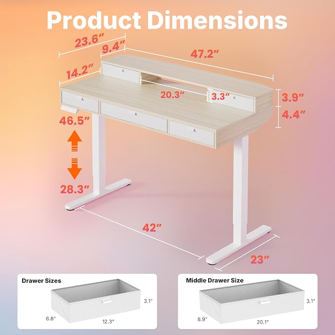 HUANUO 48 x 24 Inch Electric Standing Desk with 4 Drawers, Natural | 4 Drawers For Organized Storage, Raised Monitor Shelf, C-Clamp Mount Support, 4 Memory Presets, 28.3–46.5 Inch Height Range