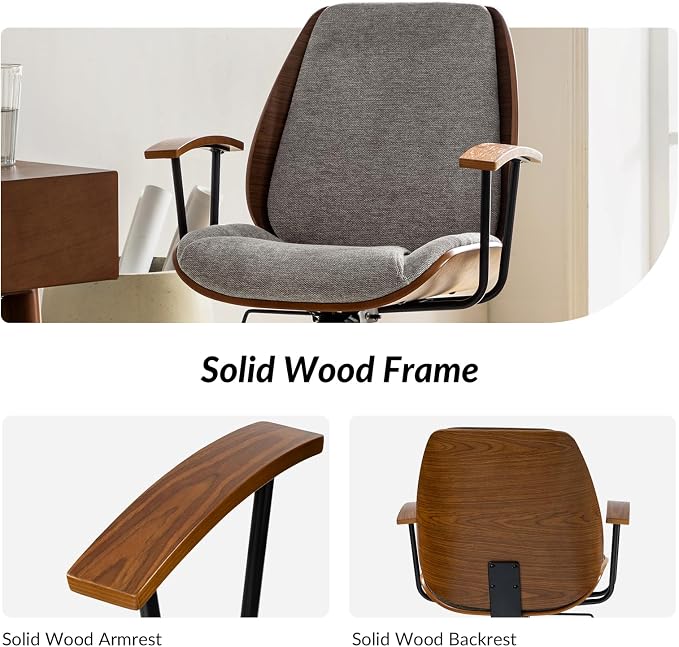 HULALA HOME Solid Wood Office Chair with Tilt Function & Metal Base, Tan | Mid Century Modern Desk Chair with Bent Wood Frame, 360° Swivel Fabric Computer Task Chair, Height Adjustable