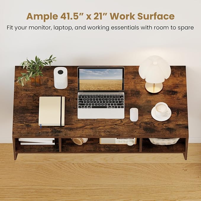 Giantex Wall-Mounted Computer Desk, Floating Laptop Desk with 3 Storage Compartments, Space-Saving Home Office Workstation Vanity Table for Bedroom, Study, Living Room (Rustic Brown)