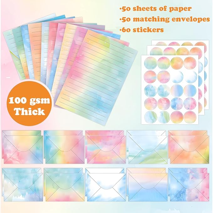 FUNCLASS 160 Pcs Stationery Set Letter and Envelopes – 50 Lined Stationery Paper and 50 Matching Envelopes, 5.5 x 8.25 Inches Letter Writing Stationery for Home, Office, School (watercolor-A)