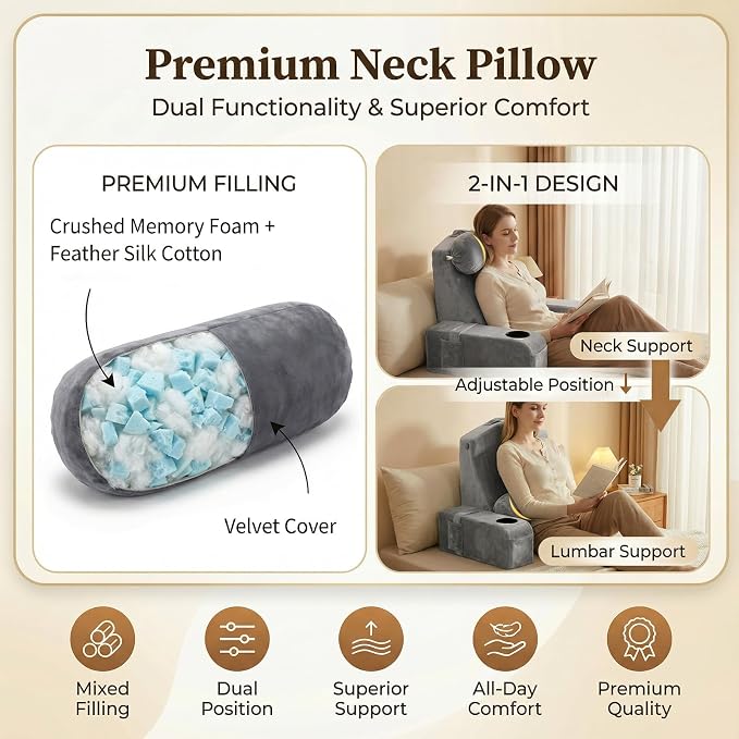 21 INCH Reading Pillow for Adults, Back Pillow for Bed Sitting Up, Backrest Pillow for Sitting in Bed, Detachable Arms with Built-in Cup & Phone Caddy (Gray, 21 INCH)
