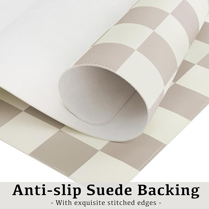 Checkered Desk Mat, Large Cute Aesthetic Retro PU Leather Computer Laptop Desk Mat, Non-Slip Waterproof Mouse Keyboard Pad, Desk Writing Mat for Work/Home (Khaki, 23.6" x 13.7")