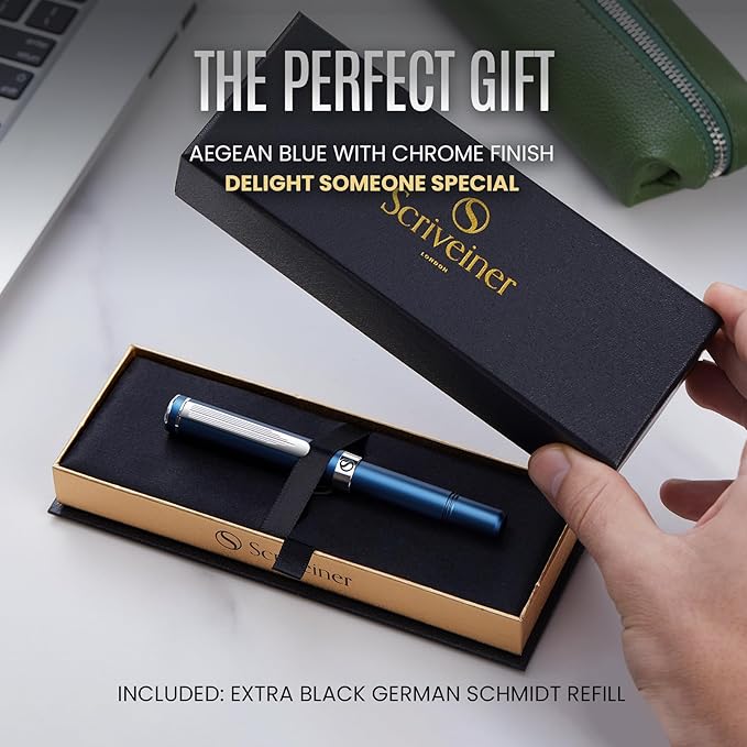 Scriveiner Blue Rollerball EDC Luxury Pen, Chrome Finish, 4 Black Refills (Medium)