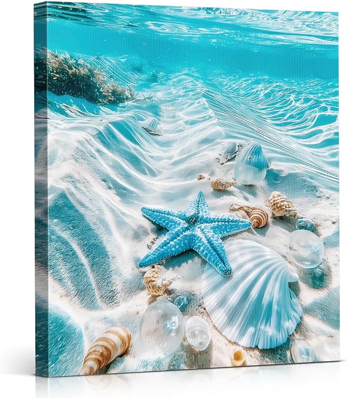 Coastal Beach Seashell Wall Art Decor Blue Ocean Starfish Painting Picture Artwork Seascape Aesthetic Wall Decor for Home Beach Room Bedroom 8x10 Canvas Framed