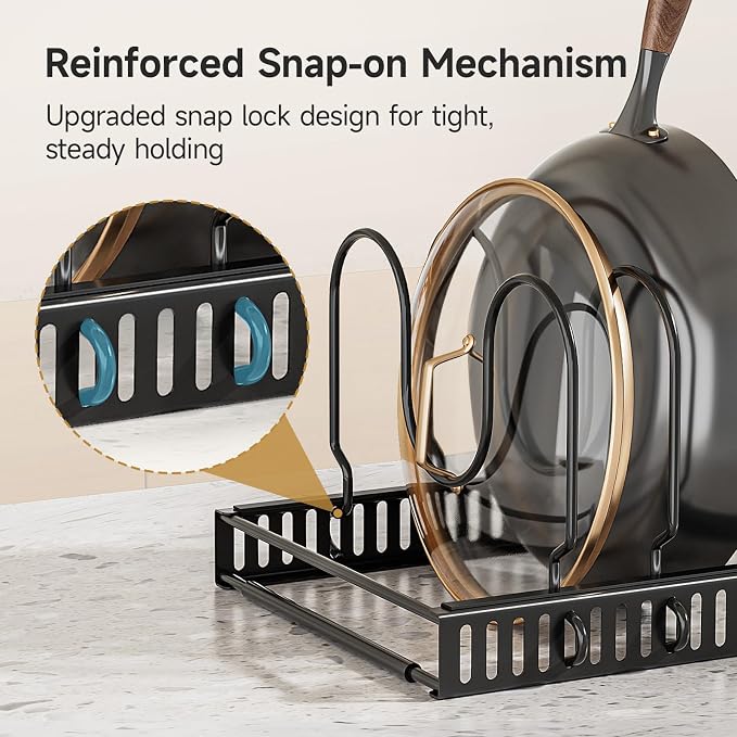 MUDEELA Pot Lid Organizer for Cabinet, Expandable Baking Pan Rack 10 Slots | 11.8–22.9" Expandable, 10 Adjustable Divider, Tool-Free Assembly, Non-Slip, Scratch-Proof, For Pan Lid Cutting Board Bakeware