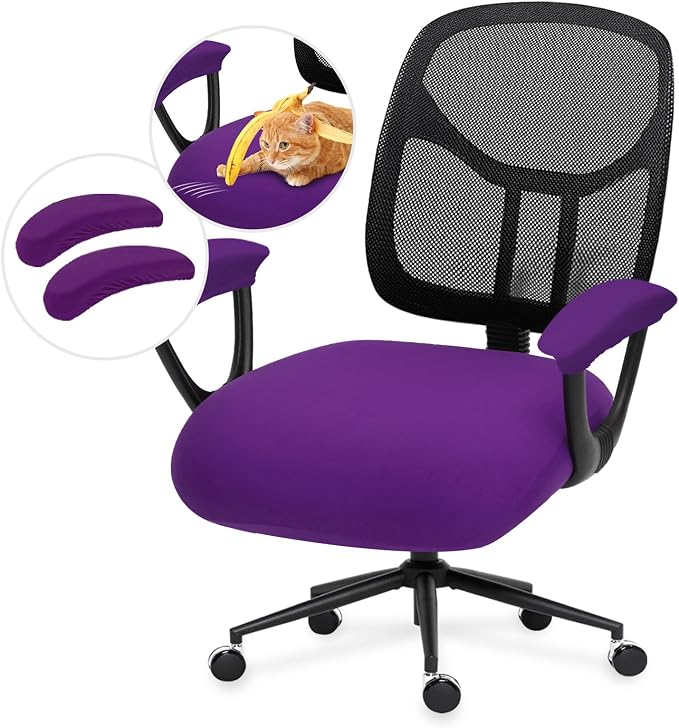 Stretchable Desk Office Chair Seat Cushion Covers with Armrest Covers - Universal Spandex Computer Chair Slipcover - Removable Washable Cushion Protectors for Dogs, Cats, Pets (Purple)