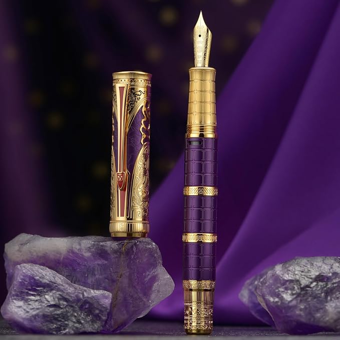 HONG DIAN D5 Qin Dynasty Fountain Pen Purple Gold, Fine Nib Piston Filling Pen, Retro Chinese Totem Engraving Smooth Writing Pen with Pen Box Set