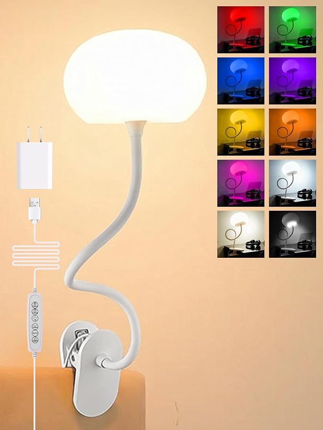 Clip on Lamp, 10 RGB Colors+10 Brightness Desk Lamp with Clamp, 800 Lumen Bright Clamp lamp, USB Adapter Reading Light for Bed/Headboard/Bedside Table/Bedroom/Kids Room/College Dorm