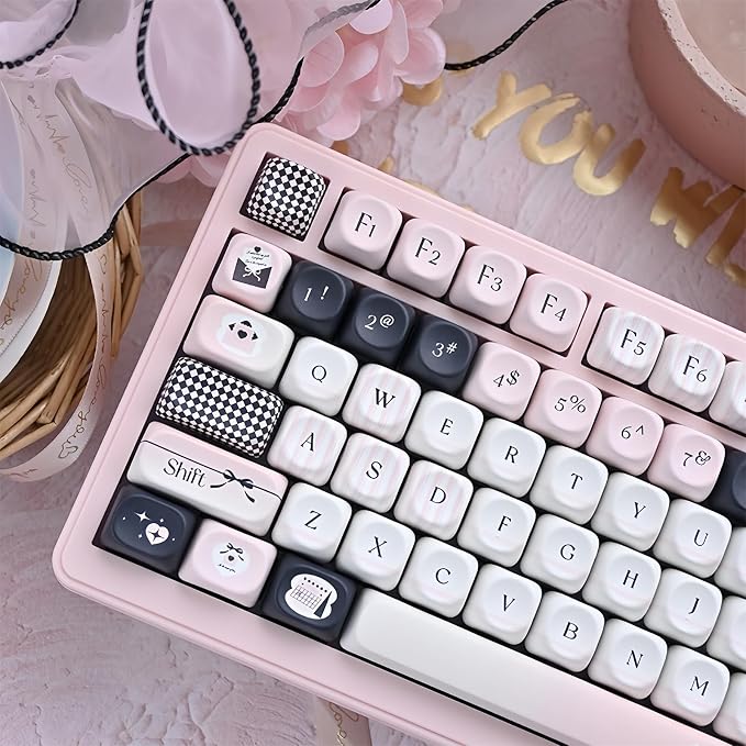 Pink and Black Keycaps,MOA Profile Cute Keycaps PBT Dye-Sub Kawaii Custom Full Size Keycap Set for Cherry MX Switch ANSI Layout 75% 60% Mechanical Gaming Keyboard DIY Creamy Key Cap (126Keys)