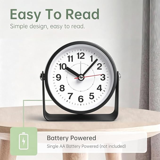 3.5" Analog Alarm Clock Snooze 360° Adjustable Angle | Small Retro Desk Clock Battery Operated, Silent Metal Table Clock with Snooze Night Light, Bedroom Bedside Clock for Adults