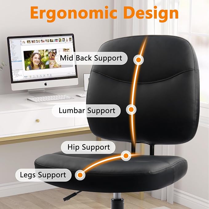 CLATINA Armless Home Office Chair,Small PU Leather Ergonomic Low Back Desk Chair with Lumbar Support and Wheels, Adjustable Height 360° Swivel Rolling Computer Task Chair, Black, 8 Pack