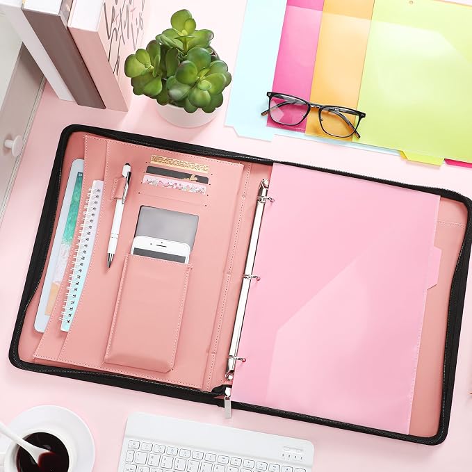 Gilprop Portfolio with 3 Ring Binder, Binder Padfolio with Zipper for Women Men, Leather Business Folder Organizer, 5 Folder Divider Pages for Tablet Resume Documents Business Cards(Pink)