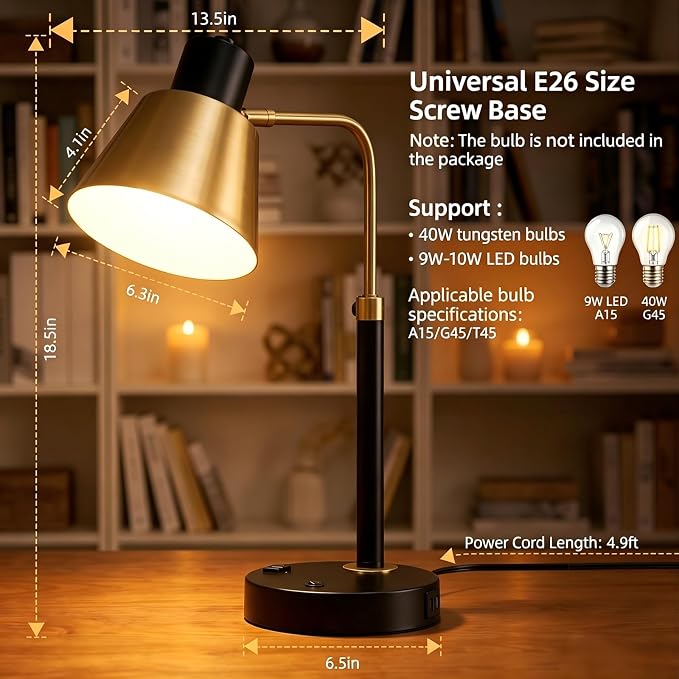 Desk Lamp with USB-C, USB-A & AC Outlet, Adjustable Metal Desk Lamp with 340° Swivel Lamp Head, Heavy Duty Table Lamp for Home Office, Bedroom & Reading, Black with Brass Accents (Bulb Not Included)