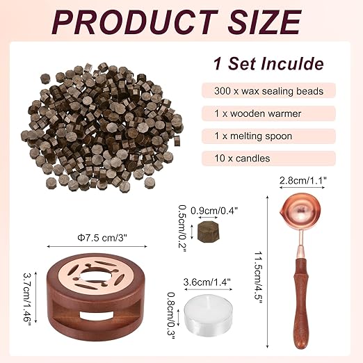 PATIKIL Wax Seal Kit, 300 Pcs Wax Sealing Beads, Wooden Warmer, Melted Spoon, 10 Pcs Tealight Candles for Envelope Letter Mailing Crafts DIY, Brown Coffee