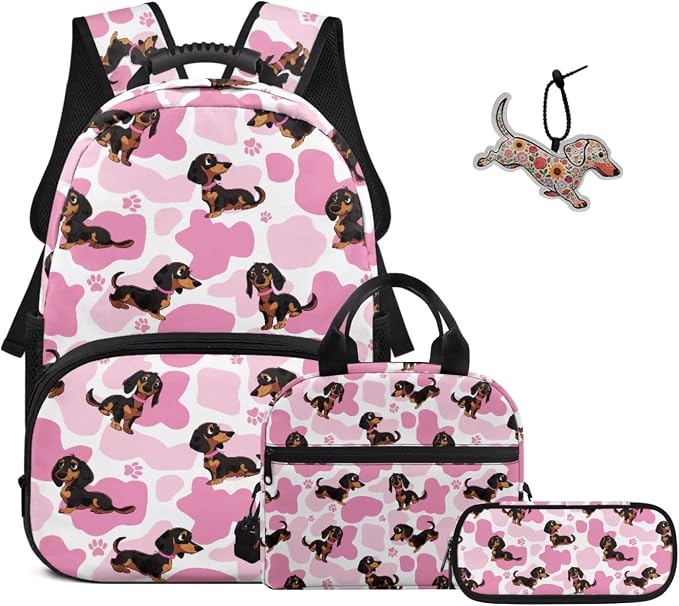 ZFRXIGN Cute Dachshund Dog Girls Backpack 17inch Elementary School Bookbag with Cute Pendant 4pc Backpack Set for Kids Girls Insulated Lunch Box Cow Print Pencil Case