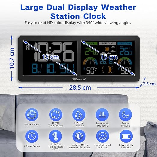 Geevon Weather Stations Wireless Indoor Outdoor Thermometer with Alarm Clock, HD Color Display Digital Temperature Humidity Monitor with Barometer, Comfort Indicator, and Adjustable Backlight
