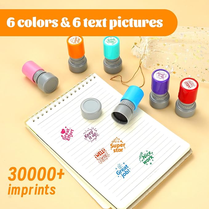 Teacher Stamps for Classroom Self Inking Rubber Great Job Stamp for Grading Homework Test Motivation Students Behavior School Homeschool Reward Supplies, Kindergarten Teacher Must Haves (6Pcs)